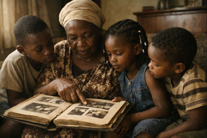 Grandmother sharing family photo album with children